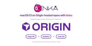 Cursor Origin logo above an Origin PR to Buildkite to Anka VM flow for macOS CI on hardware you control.