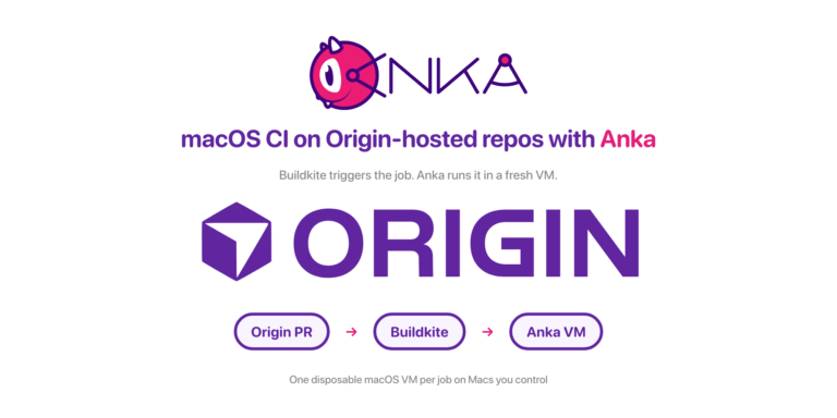 Cursor Origin logo above an Origin PR to Buildkite to Anka VM flow for macOS CI on hardware you control.