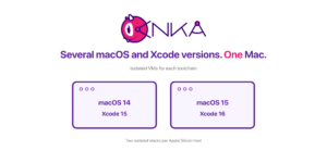 Anka wordmark above two isolated VM windows: macOS 14 with Xcode 15, and macOS 15 with Xcode 16, on one Mac.